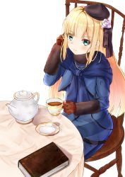 Rule 34 | 1girl, absurdres, blonde hair, blue eyes, blush, book, brown gloves, closed mouth, commentary request, cup, fate/grand order, fate (series), flower, from above, gloves, green eyes, hair ornament, hat, highres, holding, long hair, long sleeves, looking at viewer, lord el-melloi ii case files, mitsu336, reines el-melloi archisorte, revision, simple background, sitting, smile, solo, table, teacup, teapot, very long hair, white background, white flower, wooden chair