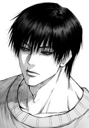Rule 34 | 1boy, black sclera, collarbone, colored sclera, fushiguro touji, greyscale, highres, jujutsu kaisen, lips, looking at viewer, male focus, monochrome, parted lips, portrait, scar, scar on face, short hair, solo, sso s, white background