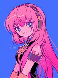 Rule 34 | 1girl, black shirt, blue background, blue eyes, bright pupils, eyelashes, grin, headset, highres, long hair, looking at viewer, megurine luka, menma (enaic31), number tattoo, pink hair, shirt, shoulder tattoo, simple background, sleeveless, sleeveless shirt, smile, solo, tattoo, twitter username, upper body, vocaloid, white pupils