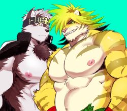 Rule 34 | 2boys, animal ears, bara, belly, black eyes, blonde hair, chest hair, colored sclera, ezaki papiko, furry, furry male, green sclera, grey fur, grey hair, headband, highres, horkeu kamui, jacket, jacket on shoulders, large pectorals, macan (housamo), male focus, multiple boys, muscular, muscular male, navel, nipples, pectorals, smile, thick eyebrows, tiger boy, tiger ears, tokyo houkago summoners, two-tone fur, upper body, white fur, wolf boy, wolf ears, yellow fur
