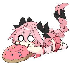 Rule 34 | 1boy, astolfo (fate), astolfo (sailor paladin) (fate), black bow, black footwear, blush stickers, bow, braid, chibi, crop top, doughnut, eating, fang, fate/apocrypha, fate/grand order, fate (series), food, food in mouth, food on face, hair between eyes, hair bow, hair intakes, haoro, long braid, long hair, lying, male focus, multicolored hair, neckerchief, official alternate costume, on stomach, oversized food, oversized object, pink hair, pink neckerchief, pink sailor collar, pink skirt, pleated skirt, plump, sailor collar, school uniform, serafuku, shirt, short eyebrows, short sleeves, simple background, single braid, skin fang, skirt, solid circle eyes, solo, sprinkles, streaked hair, thighhighs, trap, two-tone hair, very long hair, white background, white hair, white shirt, white thighhighs