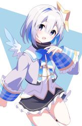 Rule 34 | 1girl, amane kanata, amane kanata (1st costume), angel wings, armband, asymmetrical hair, black skirt, blue bow, blue bowtie, blue hair, blue wings, blush, bob cut, bow, bowtie, colored inner hair, commentary, cowboy shot, cropped jacket, feathered wings, fragir, frilled skirt, frills, gradient wings, grey hair, grey jacket, halo, highres, hololive, jacket, long sleeves, looking at viewer, mini wings, miniskirt, multicolored hair, multicolored wings, open mouth, pink hair, purple eyes, sailor collar, shirt, short hair, simple background, single hair intake, skirt, sleeve cuffs, smile, solo, star halo, streaked hair, turtleneck, virtual youtuber, white shirt, white wings, wide sleeves, wings, yellow halo