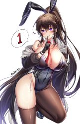 Rule 34 | 1girl, :q, absurdres, animal ears, arm belt, bare shoulders, black gloves, black hair, black jacket, black leotard, breasts, brown thighhighs, cleavage, closed mouth, counter:side, covered navel, cowboy shot, detached collar, fake animal ears, finger to mouth, gloves, highleg, highleg leotard, highres, index finger raised, jacket, large breasts, leg up, leotard, long hair, long sleeves, looking at viewer, maett, naughty face, necktie, off shoulder, open clothes, open jacket, playboy bunny, ponytail, purple eyes, rabbit ears, shoes, shushing, simple background, single leg pantyhose, single thighhigh, smile, solo, speech bubble, standing, standing on one leg, strapless, strapless leotard, thighhighs, thighs, tongue, tongue out, very long hair, white background, yoo mina