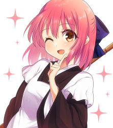 Rule 34 | 1girl, ;d, blue bow, bow, broom, brown eyes, hair bow, highres, index finger raised, itsuka neru, kohaku (tsukihime), looking at viewer, maid, one eye closed, open mouth, pink hair, short hair, simple background, smile, solo, star (symbol), tsukihime, upper body, white background