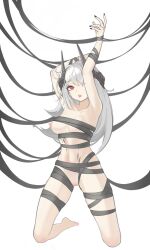 Rule 34 | 1girl, absurdres, arknights, armpits, arms up, barefoot, black nails, black ribbon, breasts, cleft of venus, collarbone, full body, gluteal fold, grey hair, highres, horns, kneeling, long hair, looking at viewer, material growth, medium breasts, moyu (user fdkc7273), mudrock (arknights), nail, naked ribbon, navel, nipples, nude, one breast out, open mouth, oripathy lesion (arknights), pussy, red eyes, ribbon, solo, stomach, tongue, tongue out, uncensored