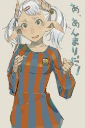 Rule 34 | 1girl, barcelona fc, grabbing another&#039;s breast, breasts, fakepucco, fc barcelona, grabbing, horns, pointy ears, small breasts, solo, translated, twintails, white hair