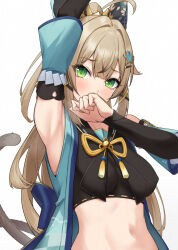 Rule 34 | 1girl, ahoge, animal ears, arm up, armpits, bare shoulders, black shirt, blonde hair, breasts, cat ears, cat tail, covered erect nipples, covering own mouth, crop top, detached sleeves, genshin impact, gohei (aoi yuugure), green eyes, hair ornament, hairclip, kirara (genshin impact), long hair, long sleeves, looking at viewer, medium breasts, midriff, multiple tails, navel, ponytail, shirt, sleeveless, sleeveless jacket, sleeveless shirt, slit pupils, solo, stomach, tail, two tails, upper body, very long hair