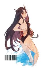Rule 34 | 1girl, alternate costume, arm strap, ass, backless swimsuit, ball, barcode, beachball, black hair, black one-piece swimsuit, breasts, executioner (girls&#039; frontline), girls&#039; frontline, headgear, hei chuan gui, highres, holding, holding ball, holding beachball, long hair, looking at viewer, medium breasts, one-piece swimsuit, parted lips, partially submerged, red eyes, sangvis ferri, simple background, solo, swimsuit