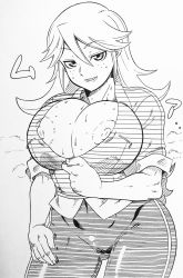 Rule 34 | 1girl, breasts, cameltoe, cleavage, covered navel, freckles, highres, hokuto (tokuho), large breasts, long hair, looking at viewer, monochrome, monsuno, nipples, pants, seductive smile, sketch, smile, solo, sweat, teasing, thick thighs, thighhighs, thighs, tight clothes, tight pants, unzipped, unzipping, vicky (monsuno)