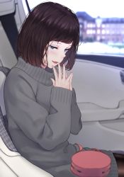 Rule 34 | 1girl, bad id, bad pixiv id, bag, black pantyhose, blue eyes, blurry, blurry background, bob cut, brown hair, car interior, commentary, dress, handbag, highres, looking at viewer, original, own hands together, pantyhose, pov, saitou (lynx-shrike), solo, sweater, sweater dress