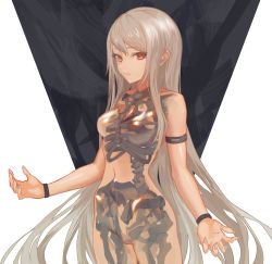 Rule 34 | 1girl, bad id, bad pixiv id, blonde hair, breasts, cancell, fingernails, highres, long hair, medium breasts, navel, nude, orange eyes, original, see-through, sharp fingernails, simple background, skeleton, slit pupils, solo, standing, see-through body, white background