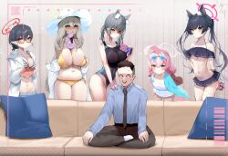 Rule 34 | 1boy, 5girls, absurdres, ayane (blue archive), ayane (swimsuit) (blue archive), bikini, black hair, blue archive, blue eyes, breasts, couch, doodle sensei (blue archive), green eyes, grey hair, halo, hanbok625, heterochromia, highres, hoshino (blue archive), hoshino (swimsuit) (blue archive), large breasts, meme, multiple girls, navel, nonomi (blue archive), nonomi (swimsuit) (blue archive), pink hair, piper perri surrounded (meme), plump, sensei (blue archive), serika (blue archive), serika (swimsuit) (blue archive), shiroko (blue archive), shiroko (swimsuit) (blue archive), sitting, small breasts, swimsuit