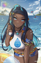 Rule 34 | 1girl, bare shoulders, beach, black hair, blue eyes, blue eyeshadow, blue hair, blush, breasts, choker, creatures (company), crop top, dark-skinned female, dark skin, earrings, eyeshadow, game freak, gen 3 pokemon, hair bun, highres, hoop earrings, jewelry, large breasts, leaning forward, long hair, looking at viewer, makeup, midriff, milotic, multicolored hair, navel, necklace, nessa (pokemon), nintendo, pokemon, pokemon swsh, ryuuneart, shore, single hair bun, solo, thighs, two-tone hair