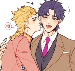 Rule 34 | 2boys, blonde hair, blue eyes, blue hair, blush, braid, brown jacket, bug, closed eyes, commentary request, earrings, father and son, giorno giovanna, hako iix07, heart, incest, insect, jacket, jewelry, jojo no kimyou na bouken, jonathan joestar, ladybug, long hair, long sleeves, multiple boys, necktie, one eye closed, open mouth, phantom blood, pink jacket, short hair, smile, spoken heart, vento aureo, white background