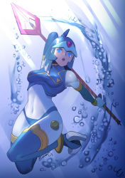 Rule 34 | 1girl, android, blue eyes, blue hair, gloves, helmet, high heels, fairy leviathan (mega man), matching hair/eyes, polearm, mega man (series), mega man zero (series), solo, spear, thighhighs, water, weapon, zoner