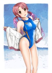 Rule 34 | 1girl, brown eyes, competition swimsuit, gradient background, highleg, highleg swimsuit, highres, jacket, long hair, mashinatsu, one-piece swimsuit, original, red hair, solo, swimsuit, track jacket, twintails