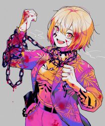 Rule 34 | 1girl, absurdres, arm tattoo, blood, blood on clothes, blood on face, breasts, chain, chain necklace, chest sarashi, chest tattoo, don quixote (project moon), grey background, highres, jacket, jewelry, kazunari (likuro137), large breasts, limbus company, long sleeves, looking at viewer, neck tattoo, necklace, open mouth, pants, project moon, purple jacket, sarashi, short hair, smile, solo, tattoo, upper body, white pants