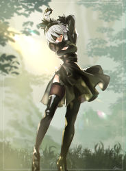 Rule 34 | 1girl, android, backlighting, belt, black blindfold, black dress, black footwear, black hairband, black thighhighs, blindfold, blurry, blurry background, boots, border, branch, closed mouth, dress, full body, grass, hair between eyes, hairband, hari611, high heels, highres, holding own arm, knee boots, layered sleeves, lens flare, light, light particles, light rays, lips, long sleeves, nature, nier:automata, nier (series), short hair, smile, solo, standing, stretched limb, stretching, sunlight, thighhighs, thighhighs under boots, tree, tree shade, white hair, 2b (nier:automata)