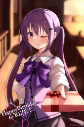 Rule 34 | 1girl, ;), black skirt, blurry, blurry background, bow, bowtie, box, character name, closed mouth, collared shirt, gift, gift box, gochuumon wa usagi desu ka?, hair ornament, hairclip, hand on own hip, happy birthday, heart, highres, holding, holding box, indoors, long hair, long sleeves, looking at viewer, naonao (sherry), one eye closed, purple bow, purple bowtie, purple eyes, purple hair, purple vest, rabbit house uniform, shirt, skirt, smile, solo, tedeza rize, twintails, twitter username, valentine, very long hair, vest, white shirt, wing collar