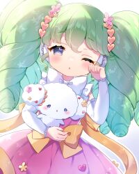 Rule 34 | 1girl, :o, aki (akinyaaaaa), blush, bow, cogimyun, commentary request, crossover, detached sleeves, dress, falulu, flower, green hair, grey eyes, hair flower, hair ornament, headphones, heart, heart hair ornament, highres, holding, holding stuffed toy, long hair, looking at viewer, one eye closed, open mouth, pink dress, pretty series, pripara, rubbing eyes, sanrio, sidelocks, simple background, sleepy, solo, standing, stuffed toy, twintails, white background, white bow, yellow bow