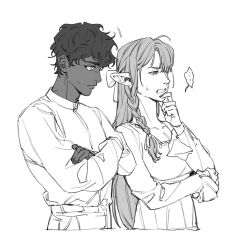 Rule 34 | ..., 1boy, 1girl, braid, closed mouth, commentary, cropped torso, crossed arms, dark-skinned male, dark skin, dress, dungeon meshi, elf, english commentary, frilled sleeves, frills, greyscale, hair ribbon, hand on own chin, hand up, highres, jesuistae, kabru, long hair, long sleeves, looking to the side, marcille donato, monochrome, pants, pointy ears, ribbon, shirt tucked in, short hair, simple background, single braid, spoken ellipsis, white background