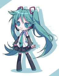 1girl :3 afterimage aosaki_yato aqua_eyes aqua_hair aqua_necktie bare_shoulders black_footwear black_skirt boots chibi chibi_only commentary detached_sleeves hatsune_miku hatsune_miku_(vocaloid4) headset highres long_hair looking_at_viewer necktie no_nose number_tattoo pleated_skirt shirt shoulder_tattoo skirt sleeveless sleeveless_shirt solo standing tattoo thigh_boots twintails v-shaped_eyebrows v4x vocaloid white_shirt