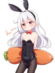 Rule 34 | 1girl, animal ear fluff, animal ears, arms behind back, bare shoulders, black hairband, black leotard, black pantyhose, blush, bow, bowtie, closed mouth, collar, commentary request, covered navel, cowboy shot, detached collar, fake animal ears, groin, hairband, highres, leotard, long hair, looking at viewer, original, pantyhose, playboy bunny, rabbit ears, red bow, red bowtie, red eyes, setmen, simple background, solo, strapless, strapless leotard, stuffed carrot, very long hair, white background, white collar, white hair