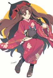 Rule 34 | 1girl, alternate costume, black gloves, brown footwear, brown hair, fate/grand order, fate (series), floral print, gloves, ishtar (fate), japanese clothes, kimono, long hair, looking away, lunapont, obi, parasol, red eyes, sash, smile, solo, twintails, twitter username, umbrella, very long hair, wide sleeves