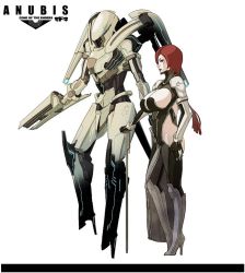 Rule 34 | 00s, 1girl, bodysuit, boots, breasts, cane, high heels, huge breasts, knee boots, long hair, mecha, orbital frame (zone of the enders), pilot suit, ponytail, red hair, robot, shoes, skin tight, staff, thigh boots, thighhighs, usatarou, zone of the enders
