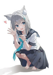 1girl absurdres alternate_costume animal_ear_fluff animal_ears aqua_eyes aqua_neckerchief barefoot black_skirt blue_archive blush commentary_request facing_viewer grey_hair hands_up heart hendiamond highres looking_to_the_side medium_hair neckerchief open_mouth pleated_skirt school_uniform serafuku shadow shiroko_(blue_archive) simple_background skirt smile solo squatting waving white_background wolf_ears