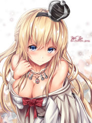Rule 34 | 10s, 1girl, 3:, 3:&lt;, bare shoulders, blonde hair, blue eyes, blush, braid, breasts, character name, cleavage, commentary request, crown, cursive, dress, england, english text, flower, frown, hair between eyes, hairband, half up braid, jewelry, kantai collection, large breasts, leaning forward, long hair, long sleeves, mini crown, necklace, off shoulder, red flower, red ribbon, red rose, revision, ribbon, rose, solo, sweat, tama satou, v-shaped eyebrows, warspite (kancolle), white dress