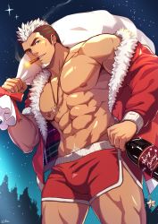 Rule 34 | 1boy, abs, absurdres, bara, bare pectorals, bottle, brown hair, bulge, christmas, cigar, cowboy shot, dolphin shorts, facial hair, fur-trimmed jacket, fur trim, gift bag, goatee, green eyes, green hair, hat, highres, holding, holding bottle, jacket, jewelry, large pectorals, looking at viewer, male focus, merry christmas, mohawk, multicolored hair, muscular, muscular male, navel, navel hair, necklace, nipples, original, pectorals, red shorts, santa costume, santa hat, short hair, shorts, side slit, side slit shorts, sky, smoking, solo, star (sky), star (symbol), star necklace, starry background, starry sky, stomach, streaked hair, thighs, undressing, white hair, zifu