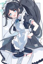 Rule 34 | 1girl, :d, alternate costume, apron, aris (blue archive), aris (maid) (blue archive), black hair, blue archive, blue eyes, blue ribbon, blush, enmaided, floating hair, garter straps, halo, heart, highres, inset border, looking at viewer, maid, maid apron, neck ribbon, open mouth, ponytail, rco as, rectangular halo, ribbon, short sleeves, single sidelock, skirt hold, smile, solo, thighhighs, white thighhighs
