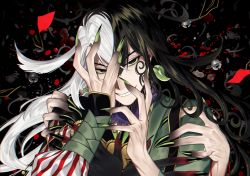 Rule 34 | 3boys, ashiya douman (fate), asymmetrical clothes, asymmetrical hair, bell, black eyes, black hair, curly hair, earrings, evil smile, eyeshadow, fate/grand order, fate (series), fingernails, green eyeshadow, green kimono, green lips, green nails, hair bell, hair between eyes, hair intakes, hair ornament, hand on own face, hands on another&#039;s shoulders, japanese clothes, jewelry, kimono, lipstick, long hair, looking at viewer, magatama, magatama earrings, makeup, male focus, multicolored hair, multiple boys, nail polish, onmyouji, open clothes, open kimono, ribbed sleeves, sharp fingernails, sindri, smile, split-color hair, two-tone hair, upper body, very long fingernails, very long hair, white hair