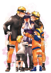 Rule 34 | 1girl, 4boys, age progression, ankle boots, bad id, bad pixiv id, black footwear, black hair, blonde hair, blush, boots, breasts, closed eyes, covering face, covering own eyes, embarrassed, facial mark, forehead protector, grin, hug, husband and wife, hyuuga hinata, knee boots, long hair, multiple boys, multiple persona, naruto: the last, naruto (series), naruto shippuuden, resized, short hair, smile, thighhighs, time paradox, toeless footwear, uzumaki naruto, yukimichi (snowysky)