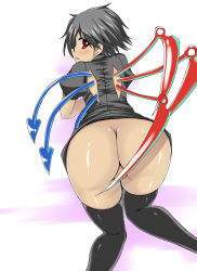 Rule 34 | 1girl, ass, asymmetrical wings, bad id, bad pixiv id, black hair, black thighhighs, butt crack, censored, convenient censoring, covering privates, covering crotch, female focus, highres, houjuu nue, kirise mitsuru, looking back, no panties, red eyes, short hair, solo, thighhighs, touhou, wing censor, wings