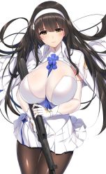 Rule 34 | 1girl, assault rifle, between breasts, black hair, black pantyhose, blue necktie, blush, breasts, bullpup, cape, cleavage, closed mouth, floating hair, flower, girls&#039; frontline, gloves, gun, hair flower, hair ornament, hairband, holding, large breasts, long hair, looking at viewer, minamon (vittel221), necktie, necktie between breasts, pantyhose, qbz-95, rifle, shirt, simple background, skirt, smile, solo, type 95 (girls&#039; frontline), very long hair, weapon, white gloves, white hairband, white shirt, white skirt, yellow eyes