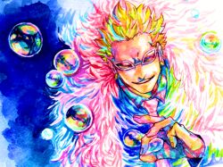 Rule 34 | 1boy, air bubble, arm up, blonde hair, blue background, blue shirt, bubble, coat, collared shirt, donquixote doflamingo, feather coat, looking at viewer, mawari28, multicolored clothes, necktie, one piece, pink coat, pink necktie, shirt, short hair, smile, sunglasses, traditional media, upper body, white-framed eyewear