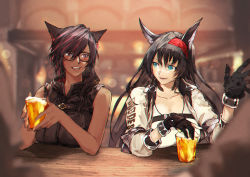 Rule 34 | 2girls, alcohol, animal ears, arknights, asymmetrical hair, warrior of light (ff14), bar (place), beer, black-framed eyewear, black gloves, black hair, black vest, blaze (arknights), blue eyes, blurry, blurry background, blurry foreground, blush, bokeh, breasts, cat ears, cleavage, collarbone, commentary, commission, crossover, cup, dark-skinned female, dark skin, depth of field, drinking, earpiece, english commentary, film grain, final fantasy, final fantasy xiv, glasses, gloves, hair between eyes, hair over shoulder, hairband, holding, holding cup, jacket, large breasts, lips, long hair, looking at another, medium breasts, medium hair, miqo&#039;te, multicolored hair, multiple girls, o kita915, open clothes, open jacket, open mouth, parted lips, purple eyes, red hair, sitting, skeb commission, smile, streaked hair, swept bangs, talking, tank top, two-tone hair, upper body, vest, white jacket, white tank top