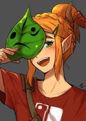 Rule 34 | 1girl, :d, absurdres, alternate costume, blonde hair, covering face, female focus, green eyes, grey background, hair ornament, hair up, hairclip, happy, highres, leaf, looking at viewer, mask, nintendo, nintendo switch, open mouth, pointy ears, princess zelda, rv (artist), shirt, simple background, smile, solo, the legend of zelda, the legend of zelda: breath of the wild