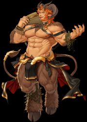 Rule 34 | 1boy, abs, animal ears, another eidos-r, azmond (another eidos), bara, beard, biceps, body fur, braid, brown fur, bulge, chest harness, clothes around waist, curled horns, facial hair, fingernails, flute, fork, full body, goat boy, goat ears, goat horns, goat tail, gomtang, harness, highres, holding, holding instrument, horns, instrument, large bulge, large pectorals, licking object, long hair, looking at viewer, male focus, male pubic hair, mature male, monster boy, muscular, muscular male, mustache, navel, nipples, non-web source, official art, open hand, orange hair, pectorals, pelvic curtain, plant, pubic hair, pubic hair peek, saliva, satyr, seductive smile, sharp fingernails, single braid, smile, snake, solo, stomach, tail raised, thick eyebrows, thick thighs, thighs, tongue, tongue out, topless male, vines