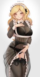 Rule 34 | 1girl, absurdres, artist name, black bra, black dress, black panties, black thighhighs, blonde hair, blush, bow, bra, breasts, closed mouth, clothes lift, commentary, commission, covered navel, cowboy shot, dress, dress lift, frilled dress, frills, garter belt, grey background, hand on own chest, highres, lace, lace-trimmed bra, lace trim, large breasts, lifted by self, long hair, long sleeves, looking at viewer, maid, maid headdress, original, panties, panties over garter belt, see-through, see-through dress, shellvi, simple background, smile, solo, thighhighs, thighs, underwear, yellow eyes