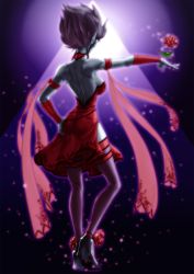 Rule 34 | 1girl, backless dress, backless outfit, blue skin, choker, colored skin, dress, evelynn (league of legends), evelynn (old), flower, high heels, highres, league of legends, pointy ears, purple hair, ranger squirrel, rose, shoes, solo, tango, tango evelynn, thighhighs