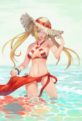 Rule 34 | 1girl, aako, absurdres, bikini, blonde hair, bracelet, breasts, fate/grand order, fate (series), green eyes, halterneck, hat, highres, jewelry, lips, long hair, looking to the side, medium breasts, navel, nero claudius (fate), nero claudius (fate) (all), nero claudius (swimsuit caster) (fate), partially submerged, solo, standing, straw hat, striped bikini, striped clothes, swimsuit, twintails, wading, water