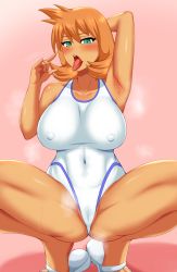 Rule 34 | 1girl, absurdres, armpits, bare legs, blue eyes, blush, breasts, cameltoe, competition swimsuit, covered erect nipples, cowboy shot, creatures (company), fellatio gesture, game freak, hand gesture, highres, large breasts, legs, looking at viewer, misty (pokemon), murasame (tmurasamek), navel, nintendo, one-piece swimsuit, orange hair, pokemon, pokemon hgss, pussy, sandals, smile, solo, spread legs, swimsuit, tan, thighs, tongue, tongue out, wet, white one-piece swimsuit