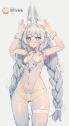 Rule 34 | + +, 1girl, absurdres, ahoge, animal ears, azur lane, blue eyes, braid, breasts, butterfly hair ornament, cameltoe, character name, copyright name, cowboy shot, daliyang, grey hair, hair ornament, hands up, highres, le malin (azur lane), le malin (listless lapin) (azur lane), long hair, navel, pussy, pussy peek, rabbit ears, revealing clothes, small breasts, solo, thighhighs, twin braids, very long hair, white thighhighs, white wrist cuffs, wrist cuffs
