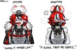 Rule 34 | 1girl, absurdres, ahoge, animal ears, black bow, black bowtie, blaparky, blue eyes, blush, bow, bowtie, coat, coat on shoulders, cropped torso, ear ribbon, hakos baelz, hakos baelz (4th costume), hat, heart, heart-shaped pupils, heavy breathing, highres, hololive, hololive english, mask, military hat, mouse ears, mouth mask, multicolored hair, red hair, sharp teeth, spoken heart, streaked hair, suspenders, symbol-shaped pupils, teeth, virtual youtuber, white background