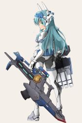 Rule 34 | 1girl, absurdres, alice gear aegis, ass, blue hair, blush, closed mouth, green eyes, headgear, highres, holding, holding sword, holding weapon, iwashisabakan, looking to the side, mecha musume, simple background, solo, sword, weapon