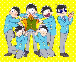 Rule 34 | 10s, 6+boys, ;), black hair, blush, brown eyes, cross-eyed, formal, heart, heart in mouth, kneeling, leg up, looking at viewer, male focus, matsuno choromatsu, matsuno ichimatsu, matsuno jyushimatsu, matsuno karamatsu, matsuno osomatsu, matsuno todomatsu, mpkxx, multiple boys, on one knee, one eye closed, osomatsu-kun, osomatsu-san, osomatsu (series), polka dot, polka dot background, sextuplets, siblings, smile, sparkle, standing, standing on one leg, star (symbol), string, suit, sunglasses, yellow background