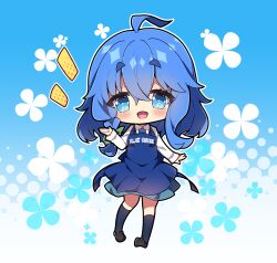 Rule 34 | 1girl, ahoge, apron, black footwear, black socks, blue apron, blue background, blue eyes, blue hair, blue necktie, blue skirt, blush, bow, braid, chibi, clothes writing, collared shirt, commentary request, copyright request, floral background, full body, green bow, hair between eyes, hair bow, halftone, halftone background, highres, kneehighs, loafers, long sleeves, looking at viewer, milkpanda, necktie, notice lines, shirt, shoes, short eyebrows, side braid, single braid, skirt, sleeves past wrists, socks, solo, standing, thick eyebrows, white shirt